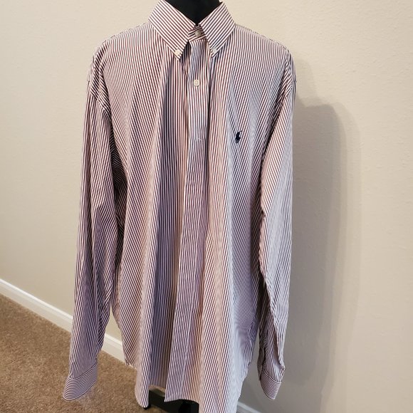 Ralph Lauren classic fit long sleeves brown/white custom fit-striped men shirt. - Picture 10 of 15